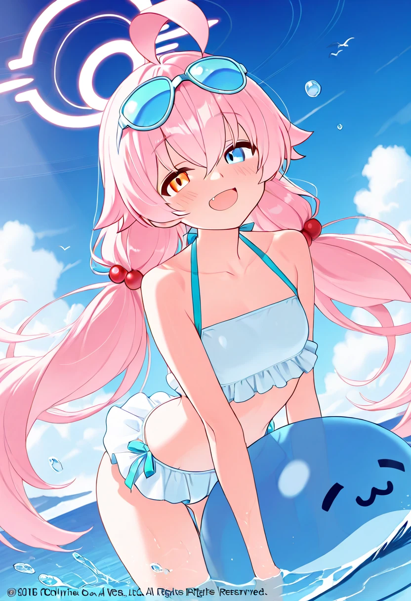 bushy tail,Animal ears, Furry ears,Furry,{{Best quality}}, {{Masterpiece}}, {{Ultra-detailed}}, {illustration}, {Detailed light}, Pink hair,sandbeach,wearing white underwear，Lolita,,Fantastic,Loli，With sunglasses,Solo,Little girl,long whitr hair，Wide open chest，There is a whale pillow next to it，，，With a smile