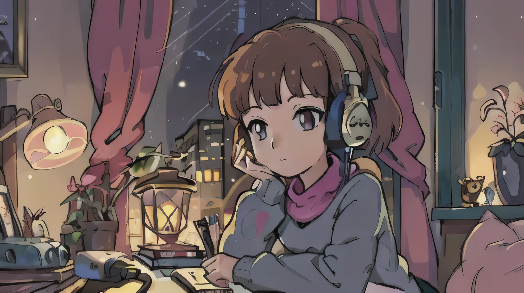 girl listening to music in cozy room at night,using headphones,2D anime style,lofi aesthetic,detailed facial features,sitting on bed,focused expression,long hair,bedroom interior,warm lighting,nightstand,framed artwork,potted plant,fairy lights,pastel colors,soft textures,high quality,4k,masterpiece,ultra-detailed,vibrant colors,digital painting