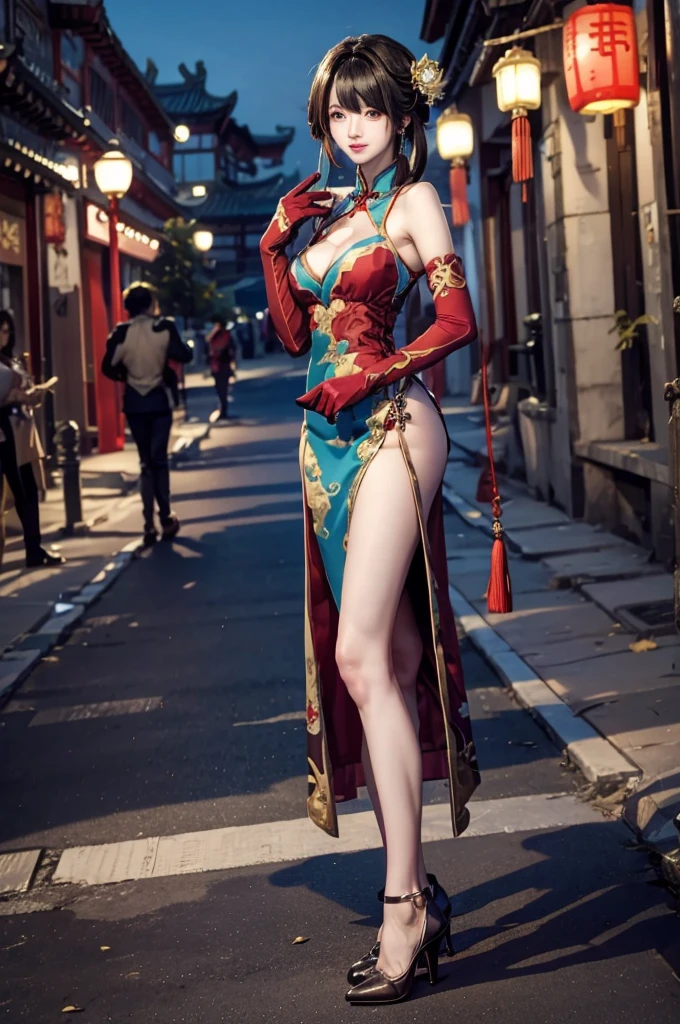 beautiful chinese woman、qipao、Long body、Sharp eyes、Standing、Giant tits
