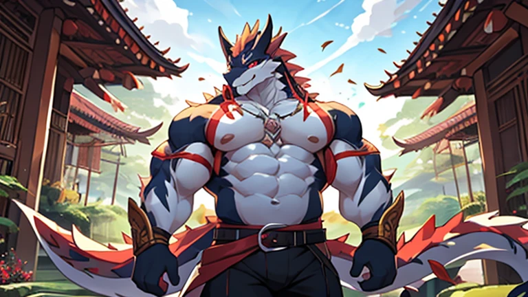 Masterpieceы, fluffy, Male, anthropomorphic, Emirates dragon,veiny, athletic body, tender eyes, shiny body, Street Thug, anime, depth of field, perfect lighting, (Best quality),(Masterpiece),(ultra detailed), sharp focus, detailed background, black boxer, shirtless, fierce look, Soldier's look, whole body, Six pack abs, black nipples, black gloves,Glossy leather