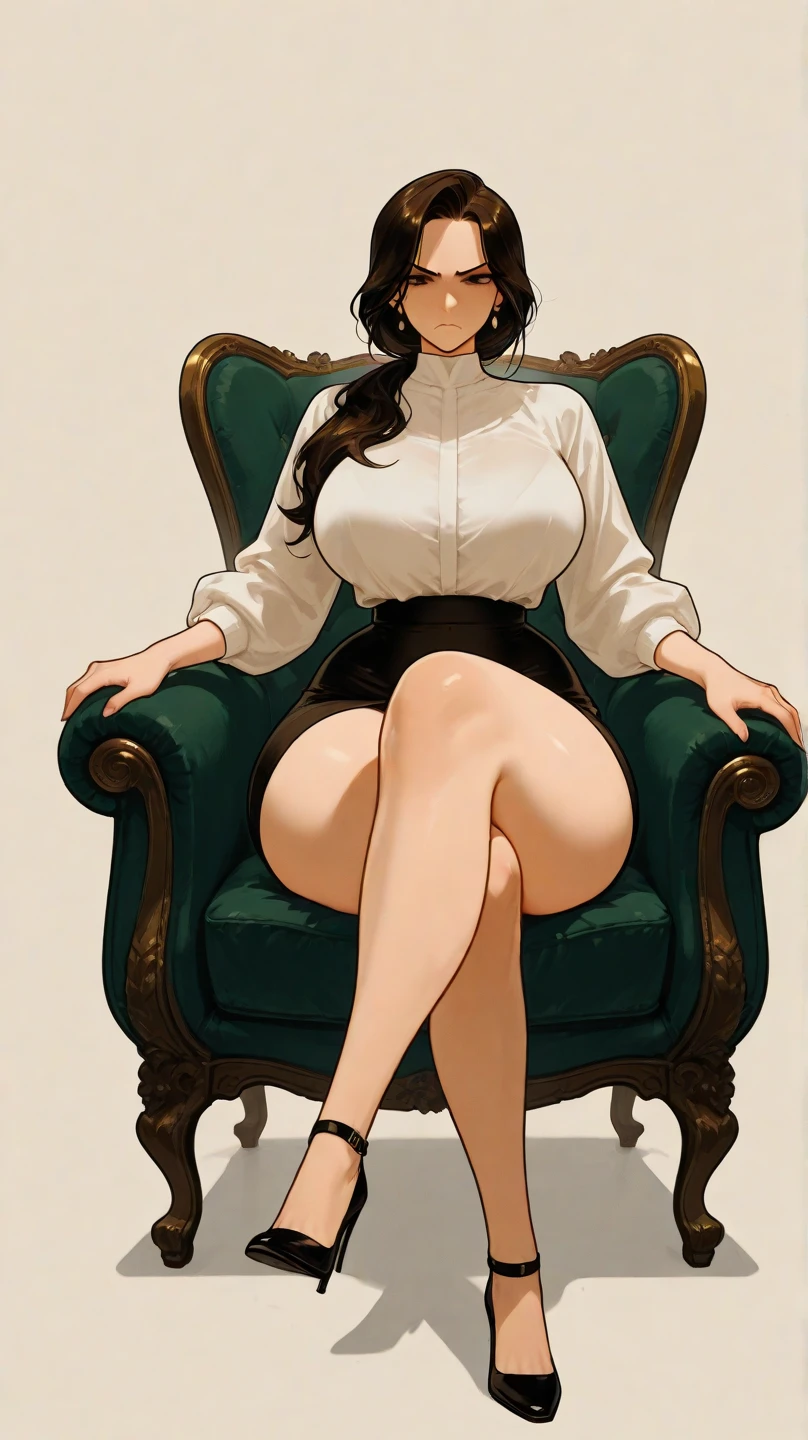 score_9, score_8_up, score_7_up, score_6_up, 1girl, gorgeous girl , Sadayo Kawakami , Kawakami from Persona, cute face, cute girl, short curly hair, blushing, choker , small breast, pencil skirt, glasses, crossed legs, sitting chair, high heels, white shirt,cleavage, (slim fit), low height, petite body, small hips, sexy legs , sexy , sexy thighs , sitting, posing , dynamic view, boob focus , pinterest, wallpaper art , artstyle, 2d_drawing_style, BREAK
