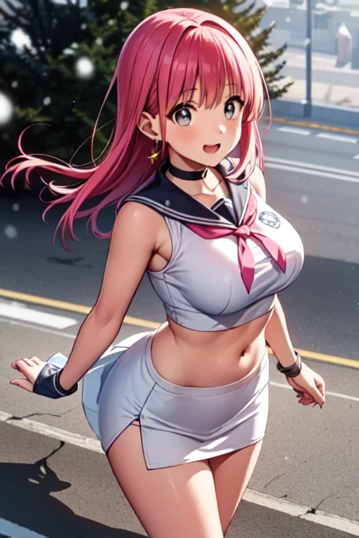 masterpiece, best quality, beautiful art, high resolution, well formed hands, body and fingers, 1 woman, solo, Hakari Hanozono, adult, big breasted, cleavage , full body, wearing a Sailor Moon outfit,, gorgeous legs and thighs, sexy sailor senshi uniform, sailor collar, blue skirt, pigtails, elbow gloves, ,skirt lifted by the wind, white leotard peeking, dancing seductively and erotically, turning backwards and forwards, showing her back and front, smiling joyfully, looking at the viewer, flirting, beach environment 