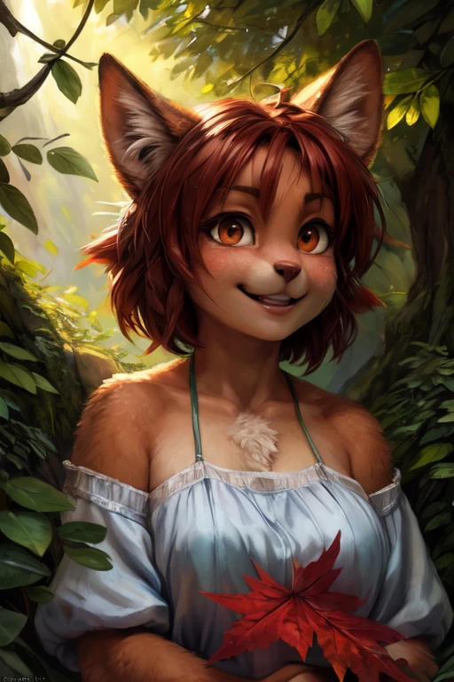 by kenket, by totesfleisch8, (by thebigslick, by silverfox5213:0.8), (by syuro:0.2), elora furry, detailed and extremely fluffy body fur, fluff, masterpiece, looking up beautiful surroundings, detailed background, happy, leaf-dress, (uploaded on e621,8k, RAW photo, high resolution,high quality), ((masterpiece)), female, (front view), (cinematic lighting), backlighting, (shaded), detailed background, by dagasi, (by personalami), [by Ruan Jia], photorealistic, hyperrealistic, big breasts, topless, nipples