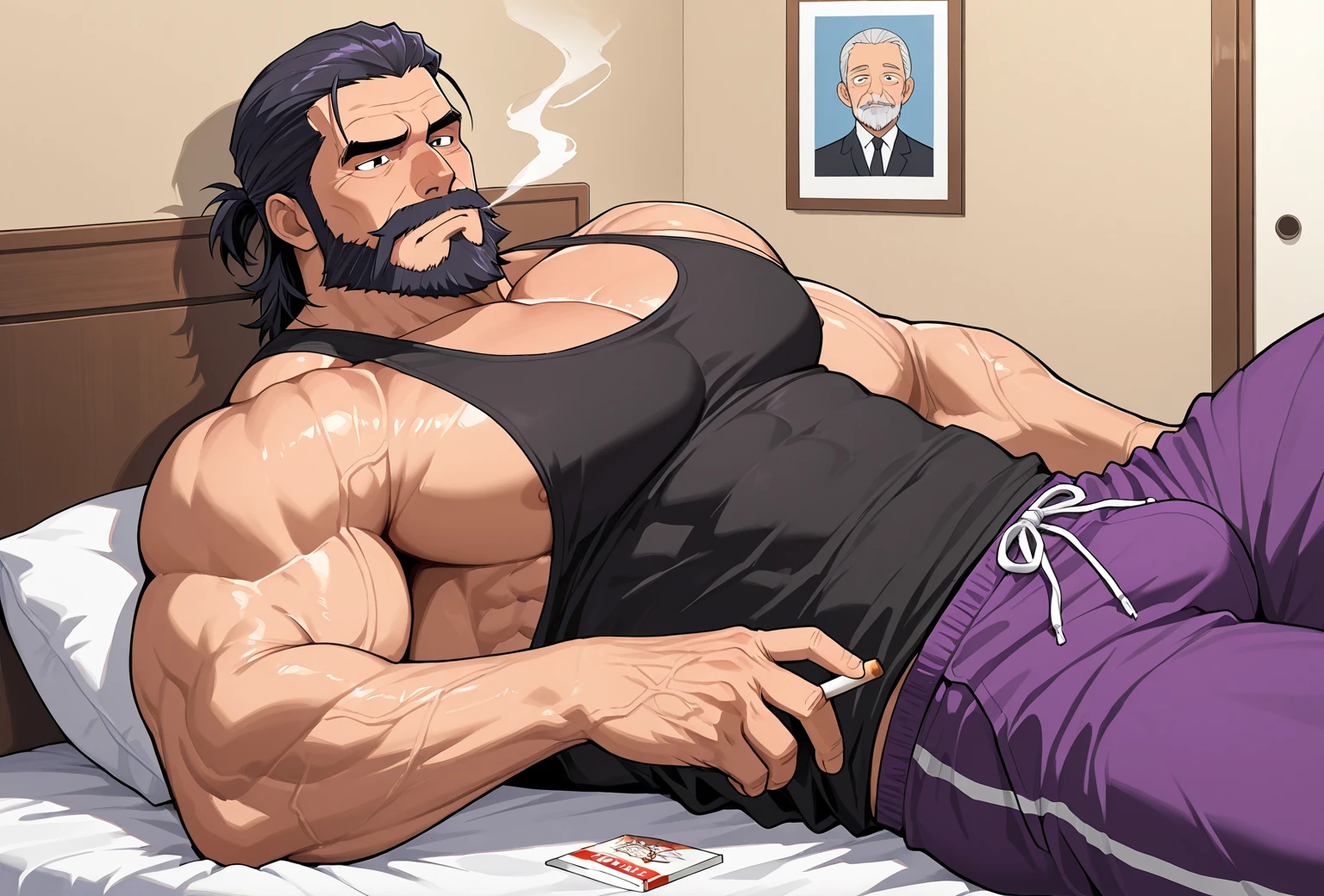 There is a man lying on a blue chair, Rest after a hard battle, The strongest posture, Looks heavy, Perseverance, muscular!!, relaxed poses, Relaxation concept art, gigachad muscular, German anger, High resolution commissions, Kentaro Miura Art, Detailed fan art, Kentaro Miura manga art style