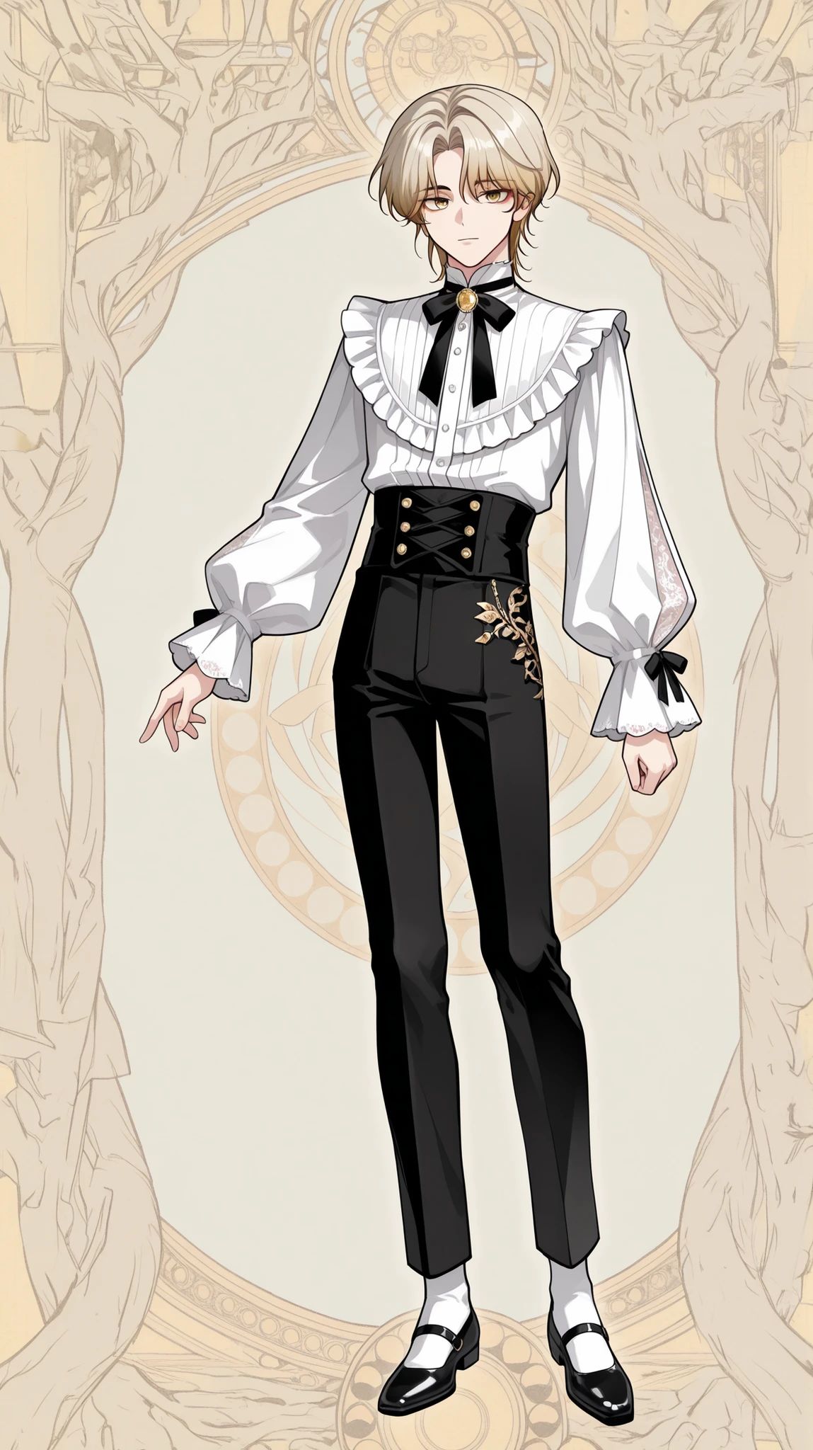 Anime and Manhwa character description: elegant and slender young man, male, short layered white-gold hair with soft ombre at the tips, bright golden eyes, dressed in a Victorian-style blouse with a high collar, puffy sleeves, lace ribbons on the sleeves, tight black trousers with ribbon lacing, graceful ruffles and bows, exquisite Gothic fashion, detailed and clear lines, soft shading, full body, front and back view, close-up of faces