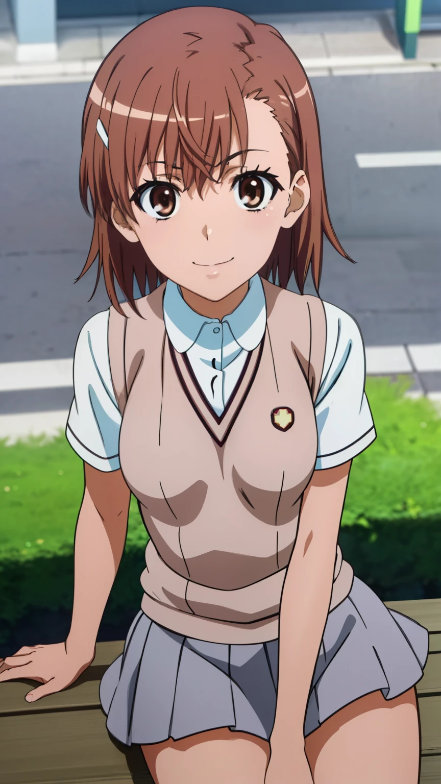 (masterpiece, best quality, high resolution, 8k:1.2), (anime coloring:1.2), highly detailed, beautiful eyes, perfect eyes, fine eyes, brown eyes, featuring big highlights, detailed face, highly detailed, fine eyes, symmetrical eyes, one girl, alone, Misaka Mikoto, brown hair, short hair, hairpin, (small breast), slim body, (tokiwadai school uniform, sleeveless sweater, (short sleeved white shirt), micro mini skirts, gray mini skirt, thighs), (park, sitting on bench, smiling, blue sky), looking at the viewer, in the center of the image, (cowboy shot), dutch angle,