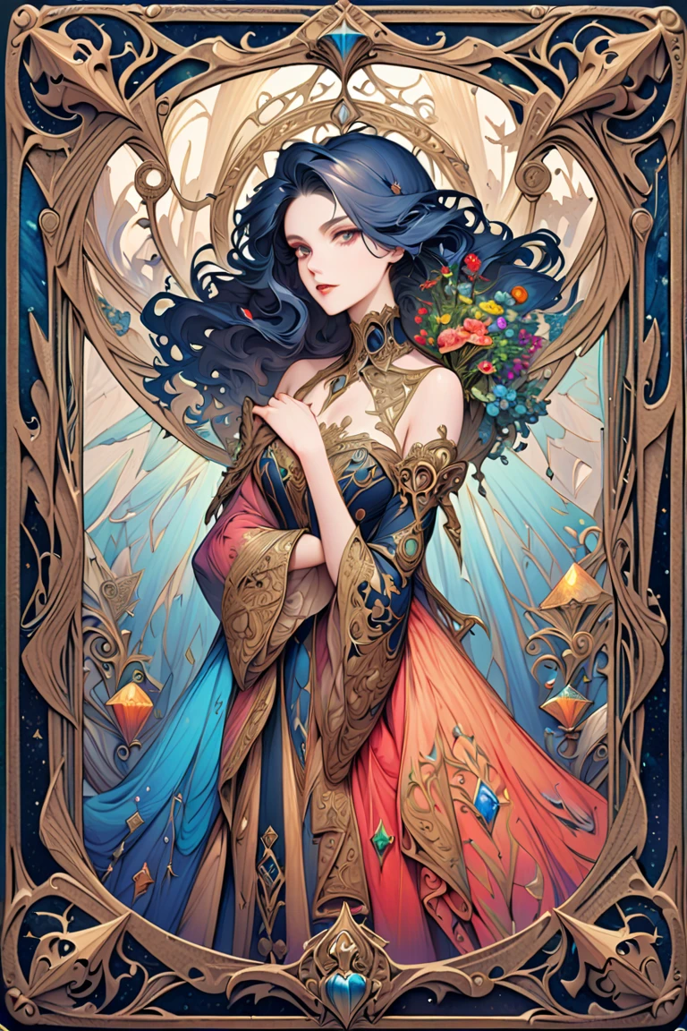 (masterpiece, Highest quality, Highest quality, Official Art, beautifully、aesthetic:1.2), (One girl:1.3), (Fractal Art:1.3), card, Tarot, ruby Hair, Twin Blade, Hair Flower, (Good lighting:1.1), ((High resolution)), Tarot card style