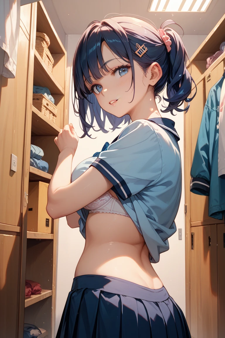 (((NSFW))), ((best quality)), ((masterpiece)), ((detailed)), (((perfect face))), (((slender 18yo teenage girl))), ((((medium breasts)))), ((((topless)))), ((((dark blue pleated skirt)))), ((dark brown hair)), ((short ponytail)), (((blue eyes))), ((shy:1.3)), ((blushing:1.5)), (((bare chest))), ((bare stomach)), ((bare shoulders)), (((bare arms))), ((((school lockers, doorway, hallway, windows)))), (((standing))), (((shy arms))), (((looking at viewer))), (((open front door))), ((((detailed background)))), (((open mouth)))