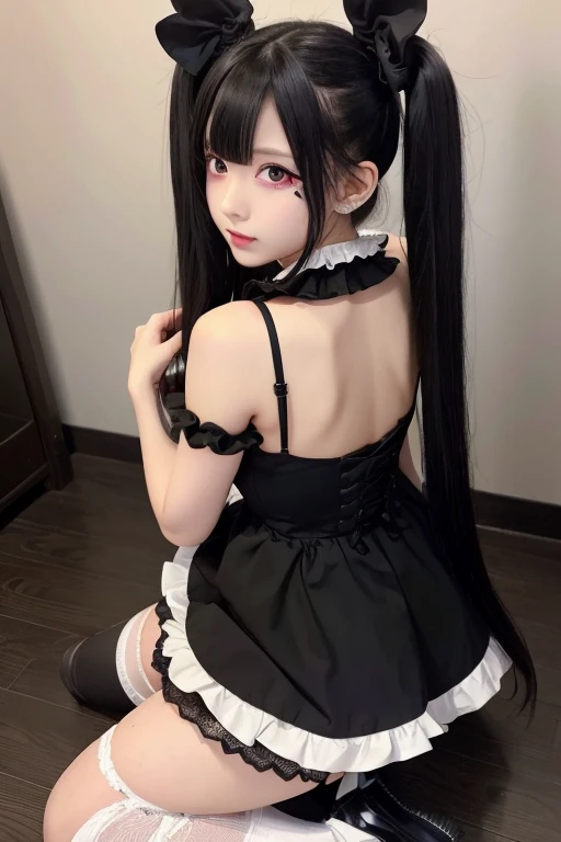 highest quality、8k、32k、masterpiece、Hmph:1.2)、One Girl、long hair girl、Beautiful Japanese Woman、Black-haired、Braiding、Heavy bangs、Hair length、A bow tie、White open neckline leotard、Emphasize the chest、D Cup,choker、Tight latex leotard、The lines of your body are clearly visible