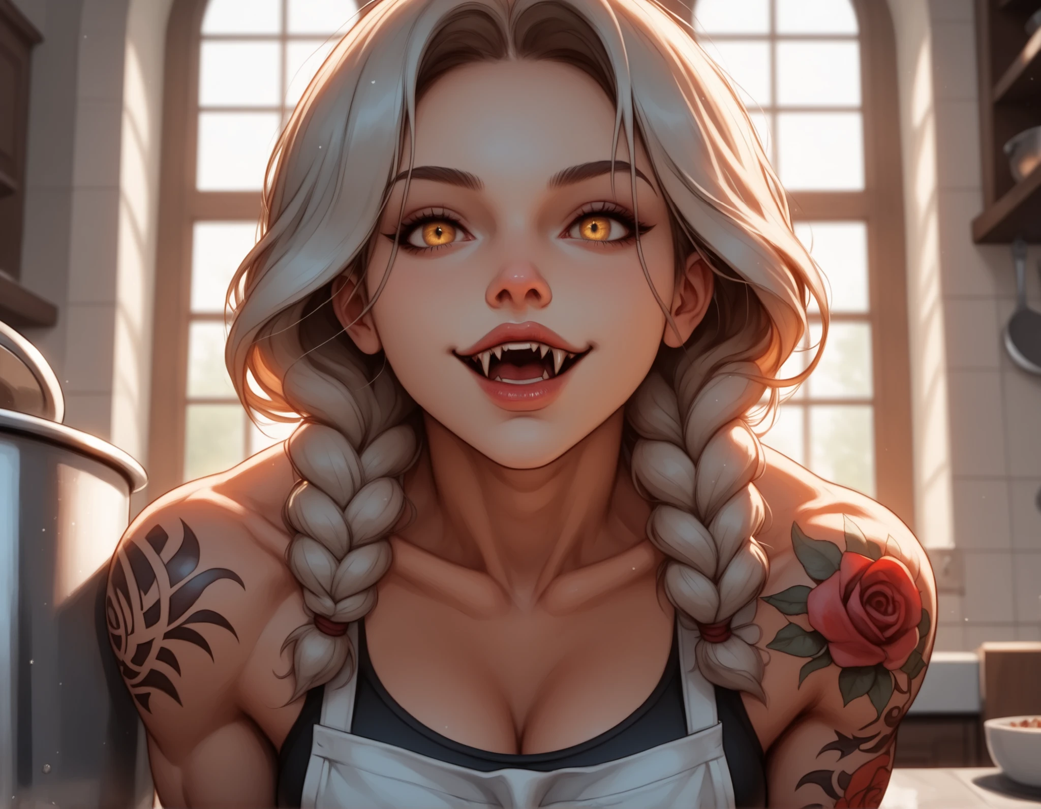 modern_kitchen, warm_light, white_tile_background, (muscular_female), (detailed_tattoo), yellow_eyes, long_hair, braided_hair, (white_hair:1.3), vampire, fangs, sharp_teeth, apron, sports_bra, jeans, solo, 1girl, standing, happy, grinning, detailed_face, sharp jawline, (high nose bridge:1.2), (pouty lips:1.2), full lips, soft skin, refined cheekbones, glowing_skin, arched eyebrows, visible philtrum, (cinematic lighting), (volumetric_lighting), rim light, soft shadows, ((forced_perspective)), (Diminishing scale perspective:1.3), (masterpiece:1.2), (best quality:1.2), ultra detailed, 8k, watercolor, (lora:Yandere Queen:0.85), (lora:SDXL high detailed. LoRA_SDXL_ARW_0010:0.75), (lora:Waifu Eyes:0.5), (lora:NKxXmo's Shaded Face:0.5), (lora:NoobAI-XL Detailer:0.6), (lora:Detail Tweaker:0.65)