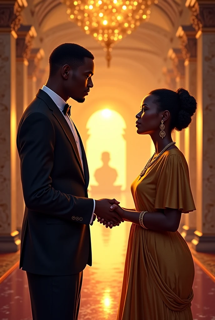 A  presenting a girl to a handsome young man in suit standing before a big company named Bro Sam's in Nigeria 