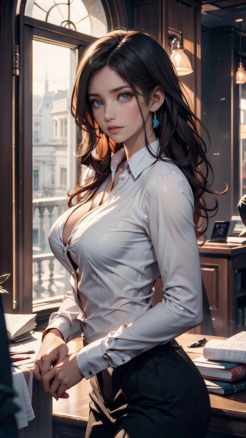 photo of Keira Knightley, RAW, beautiful woman, ((portrait)), ((detailed face:1.2)), ((detailed facial feature, detailed skin, clear skin), (perfect proportioned body, medium breasts), (wearing business attire, open shirt, showing her breasts, sexy skirt) (high detailed city environment, apartment balcony), (realistic photo, best quality, detailed), (8k wallpaper), (cinematic lighting, dramatic lighting) (sharp focus, intricate)