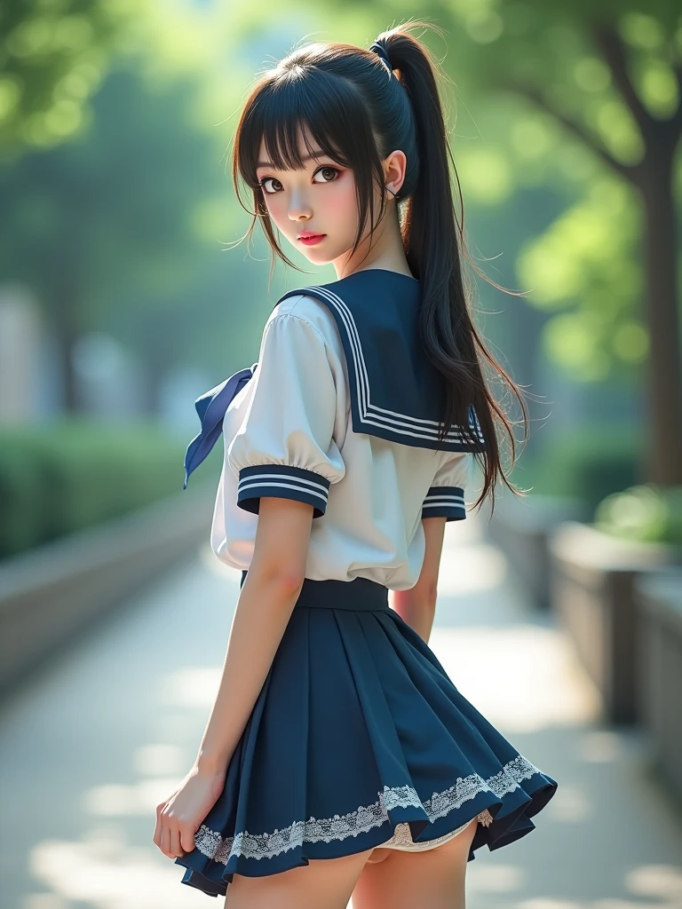 grasp、、(High school girl in short sailor suit with short sleeves)、((Realistic 12 year old little face girl who is very short in stature))、、Square sailor collar with ribbon、(High twin tails with ribbons)、drooping bangs、Grabbing your butt on the bus、((Dark blue pleated skirt with a curled up))、a beauty girl1a person、((Japan man in front grabs schoolgirl buttocks))、(((molesting)))、((Japan man grabs her bust head-on))、red blush、(sexual act、erotick)、((Skirt flipped up、You can see erotic panties))、high-level image quality、realisitic、(((agony、angry expressions)))、nsfw、
