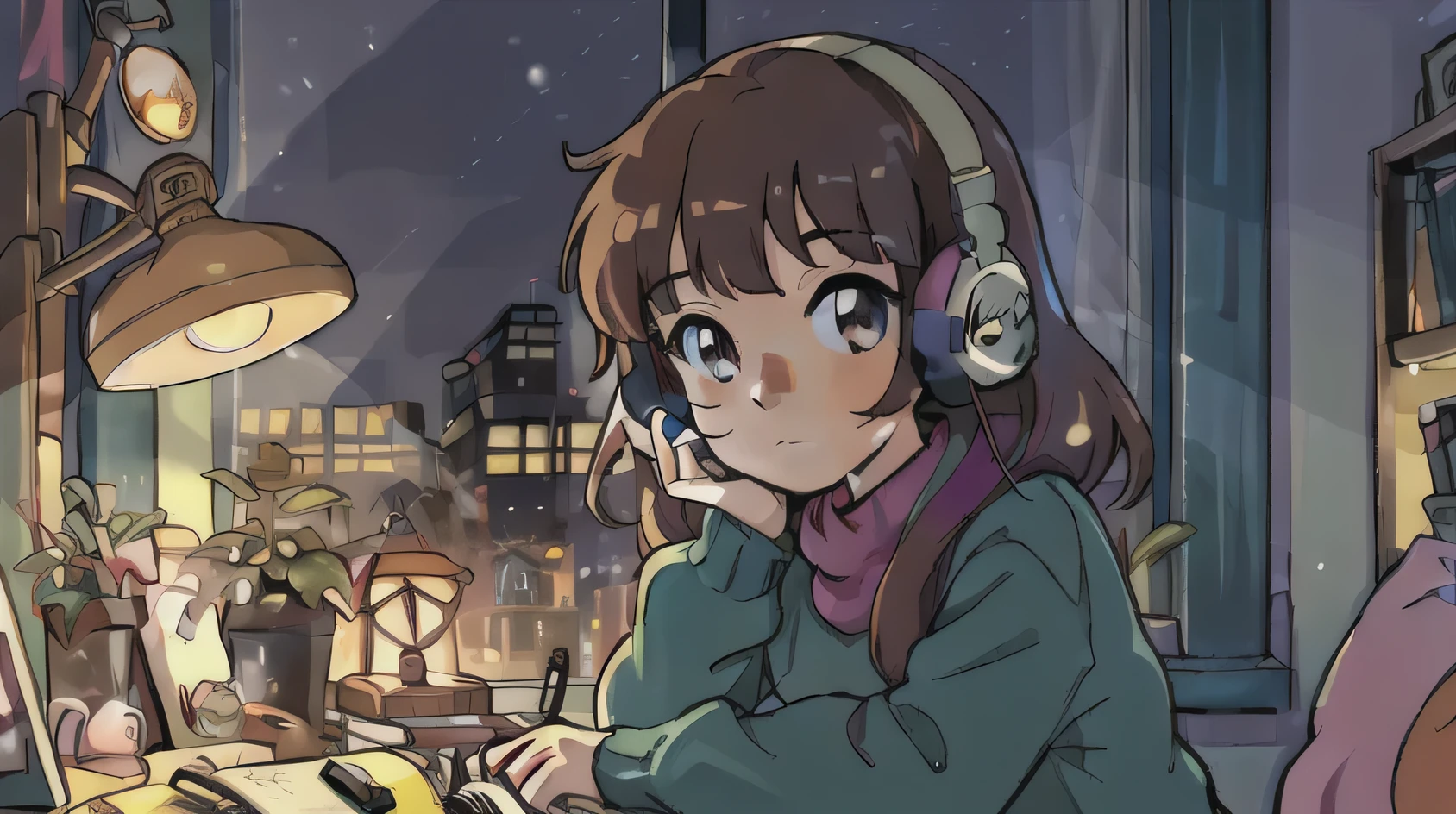 girl listening to music in cozy room at night,using headphones,2D anime style,lofi aesthetic,detailed facial features,sitting on bed,focused expression,long hair,bedroom interior,warm lighting,nightstand,framed artwork,potted plant,fairy lights,pastel colors,soft textures,high quality,4k,masterpiece,ultra-detailed,vibrant colors,digital painting