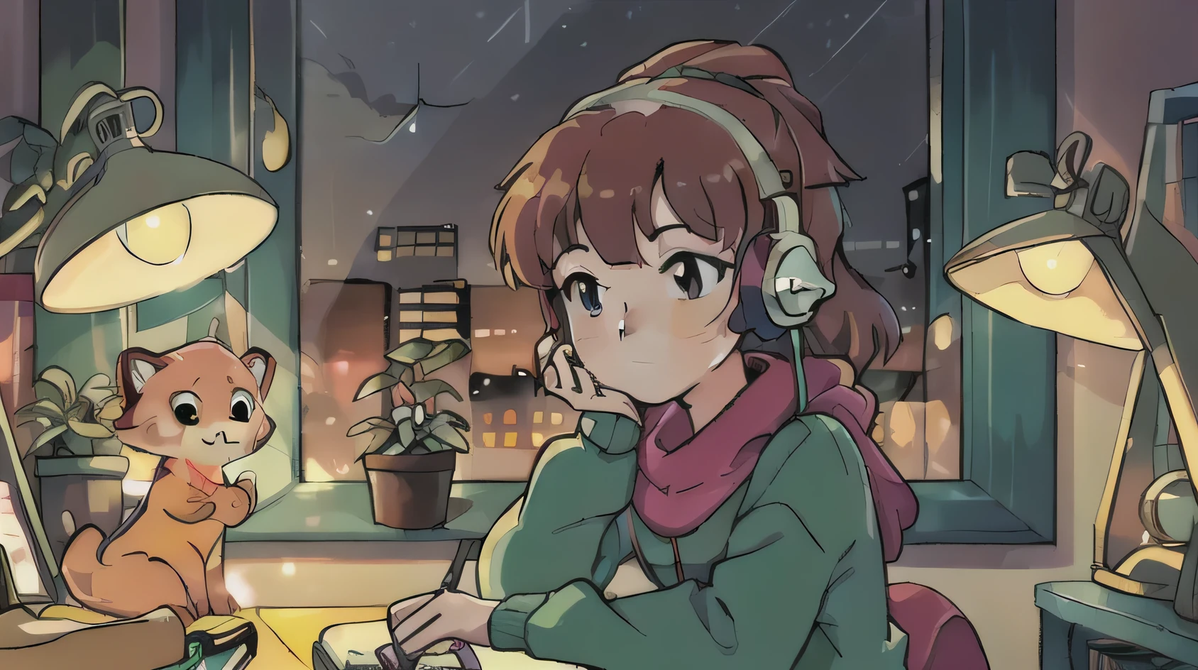 girl listening to music in cozy room at night,using headphones,2D anime style,lofi aesthetic,detailed facial features,sitting on bed,focused expression,long hair,bedroom interior,warm lighting,nightstand,framed artwork,potted plant,fairy lights,pastel colors,soft textures,high quality,4k,masterpiece,ultra-detailed,vibrant colors,digital painting