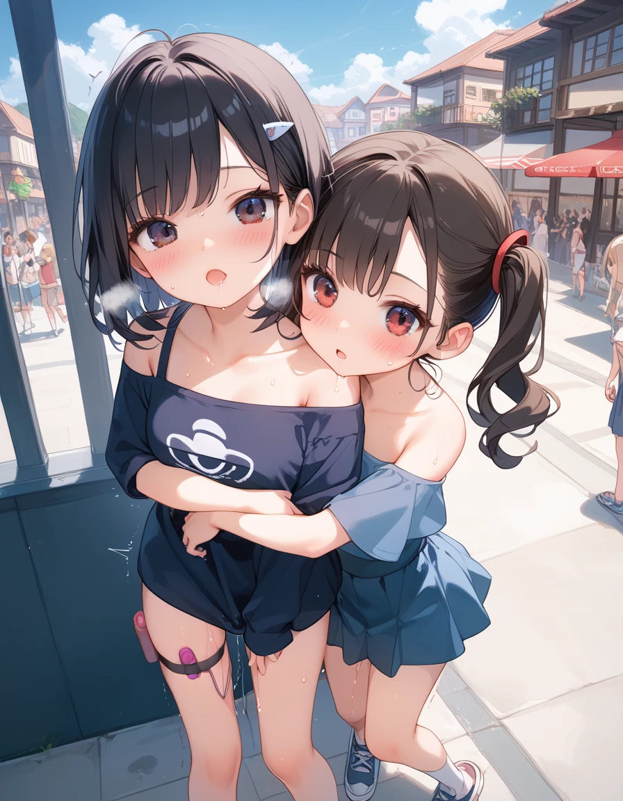 ((masterpiece, best quality, ultra quality, high quality, hyper detailed, intricate detailed, perfect anatomy, shiny skin, cowboy shot,)), (3women are posing for a camera on the beach), (Front lighting:1.4), (Lift up your shirt:1.2), (full ), (Laughing with your mouth open), Stand in line , brown hair, blond hair, navel, jewelry, looking at viewer, necklace, long hair, short hair, Abdominal muscles,