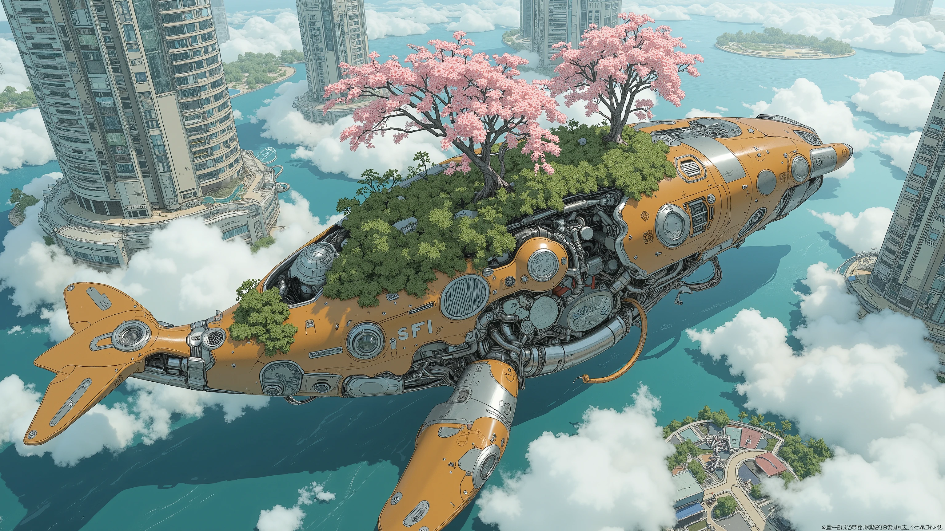 (masterpiece:1.3, top quality:1.3, detailed description:1.3, high quality:1.3),(1huge Robot whale\Metal body, cherry blossom trees on the whale's back, Beautiful luster, beautiful metal details, precision machinery, moss growing, There are buildings and houses and parks and lakes and mountains, A very developed city, The city is depicted in crisp detail, Bird's Eye View, Bird's Eye View), (A mechanical whale gracefully swims between a futuristic floating city and a sea of clouds, The developed city floating in the air is depicted with extremely clear details, featuring skyscrapers and highways., whale swims in the sea of clouds)