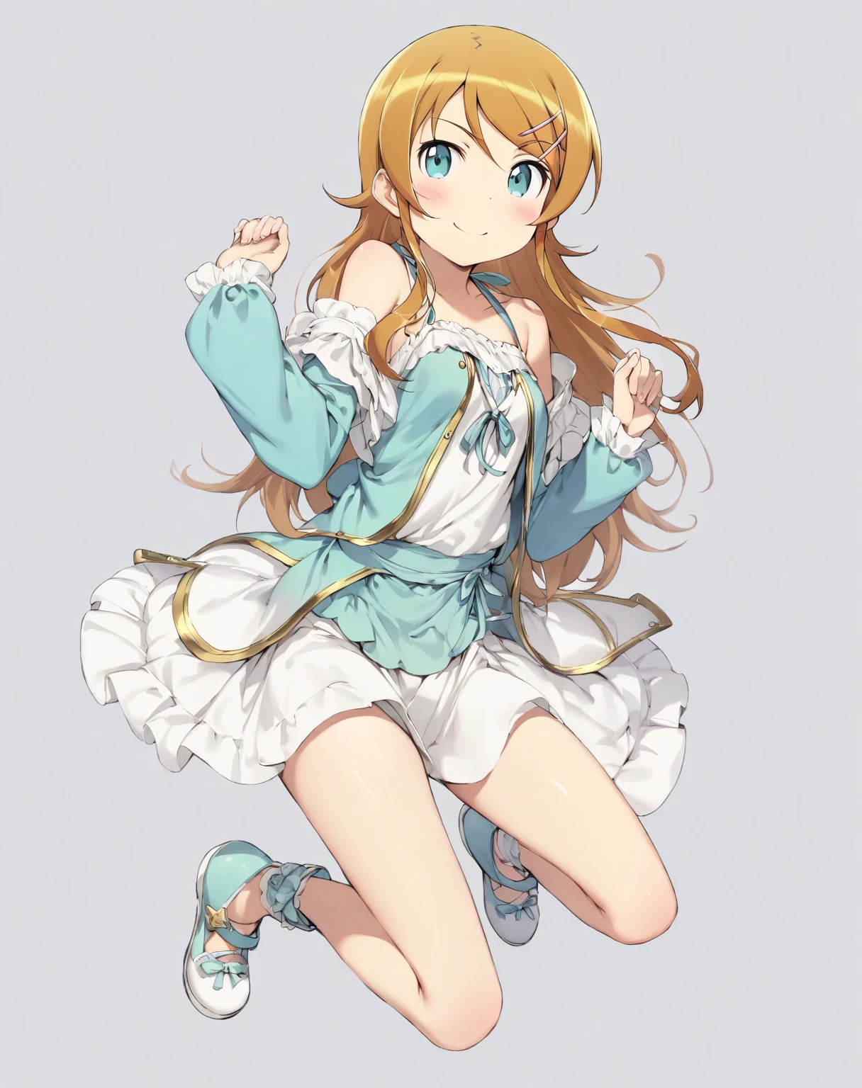 Spread legs、胸の谷間、白いlong boots、frustrated、pout、