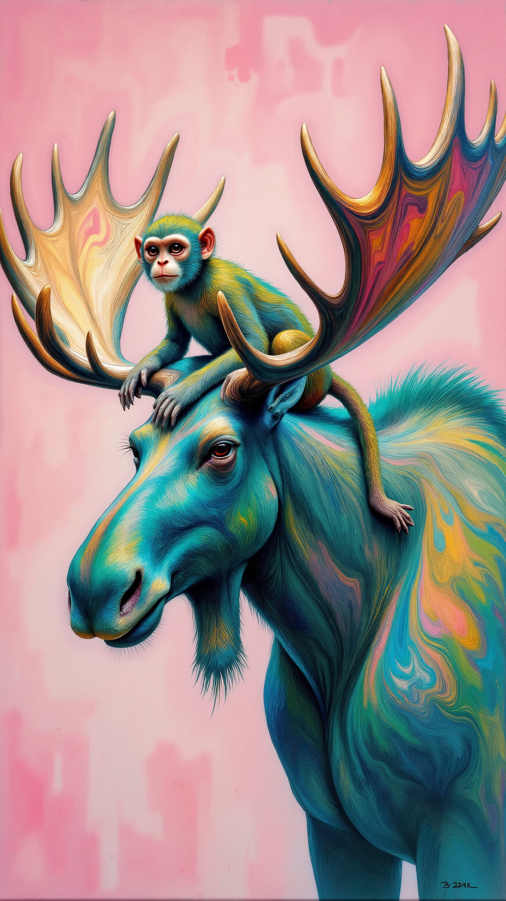 Pink green blue painting depicting a moose he is depicted in profile turned sideways and on his back sits a monkey, the monkey's face is turned to the viewer and the monkey wraps his arms around the neck of the moose and the moose and the monkey's entire body in the painting, a painting in the style of painting Gauguin, made by oil pastel on canvas. This work can be considered a work of fine art