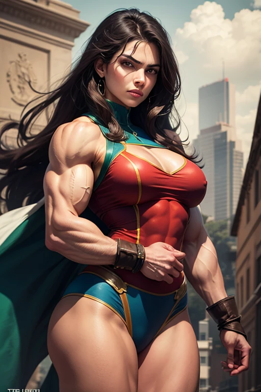 Busty muscular Sasha Calle, strong huge biceps, strong tonned abs, enormous round tits, huge firm boobs, hypermuscular bodybuilder, exposed abs, war battlefield background, superwoman