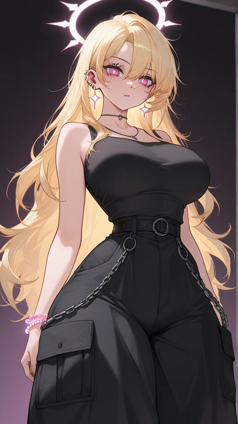 long blonde hair,, bangs, blue eyes, red lipstick, smile, sexy position, piercings, earrings, bracelets, necklace, medium breasts, black shirt, cold look, black_ skirt, background,, Red _nails,, pantyhose_black, hands on the waist, shirt with belly showing, tsumare_eyes