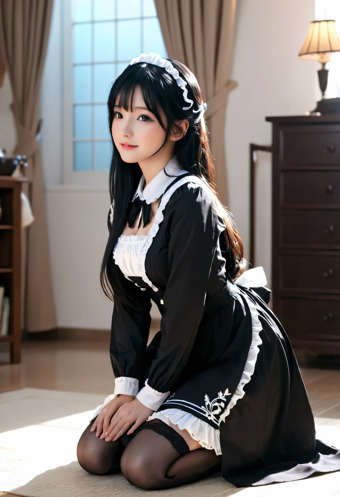 (((masterpiece))), (((highest quality: 1.4))), ((Super detailed: 1.4)) , ulzzang-6500-v1.1, (RAW Photos:1.2), (Realistic), (See through:1.3), (masterpiece), (Genuine:1.4), Very detailed, Sharp focus, Tensura:Luminous Valentine、One beautiful woman, ((Beautiful, shiny silver grain、Detailed face、((Right eye is red、Bright blue left eye))、Gothic Lolita Maid Clothing、Knee-high socks、