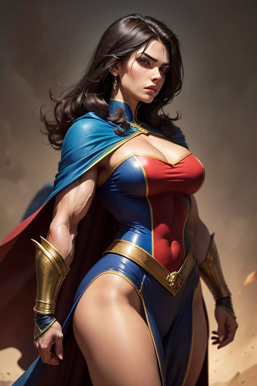 (masterpiece, top quality, best quality, official art, beautiful and aesthetic:1.2), (1girl:1.3), long and curly dark brown hair, extremely detailed, portrait, looking at viewer, solo, (full body:0.6), detailed background, close up, mischievous eyes, (warm summer castle theme:1.1), sorceress, charlatan, smirk, mysterious, casting a spell in a courtyard, revealing sorcerer attire, red skirts, off shoulder, long sleeves, loose sleeves, black leather, cloak, corset, black leggings, black trousers, black pants, long brown boots, buckles, straps, pouches, glowing magic energy, red fabric, white trim, black leather, ((((gigantic breasts, cleavage, skindentation)))), slim waist, slim hips, long legs, medieval (castle exterior:1.1) background, dark mysterious lighting, shadows, magical atmosphere, dutch angle