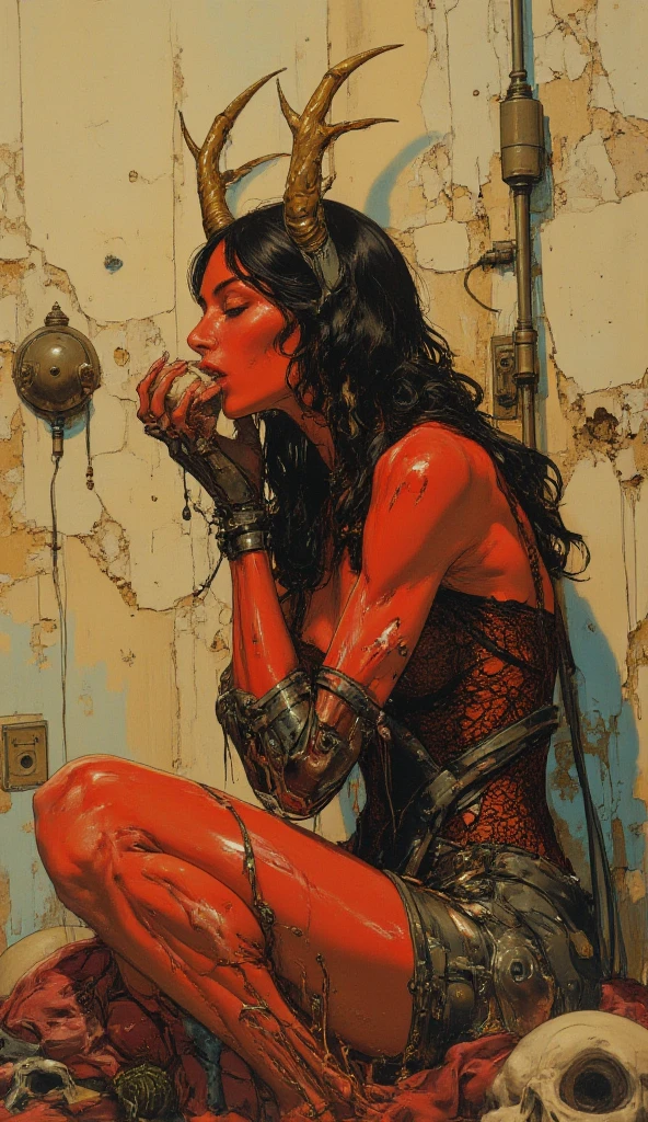 a sexy woman rests peacefully, four swords adorn the wall (art inspired by Bill Sienkiewicz)
