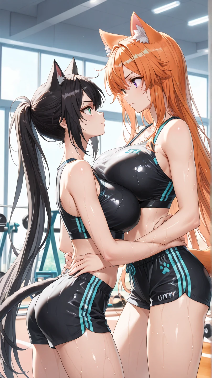 score_9, score_8_up, score_7_up, source_cartoon BREAK Arisugawa Natuha,1girl,large_breasts,black eyes,orange hair,long hair,ahoge, 1girl, 1boy, faceless male, hand on another's shoulder, standing, large breasts, blush, smile, embarrassed, size difference, muscular male, sports wear, sweat, heavy breathing