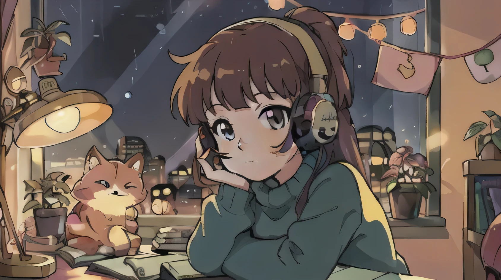 girl listening to music in cozy room at night,using headphones,2D anime style,lofi aesthetic,detailed facial features,sitting on bed,focused expression,long hair,bedroom interior,warm lighting,nightstand,framed artwork,potted plant,fairy lights,pastel colors,soft textures,high quality,4k,masterpiece,ultra-detailed,vibrant colors,digital painting