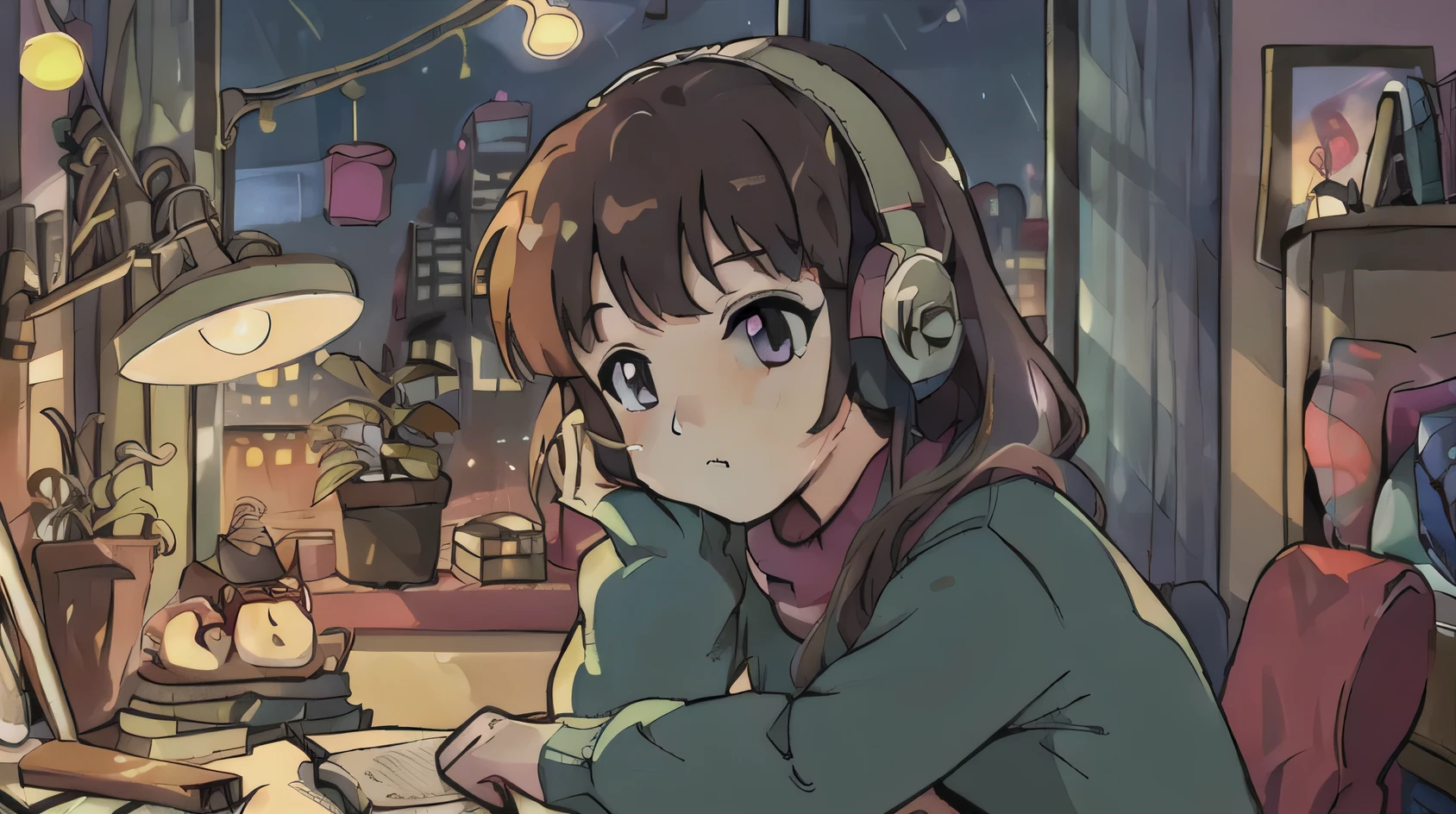girl listening to music in cozy room at night,using headphones,2D anime style,lofi aesthetic,detailed facial features,sitting on bed,focused expression,long hair,bedroom interior,warm lighting,nightstand,framed artwork,potted plant,fairy lights,pastel colors,soft textures,high quality,4k,masterpiece,ultra-detailed,vibrant colors,digital painting
