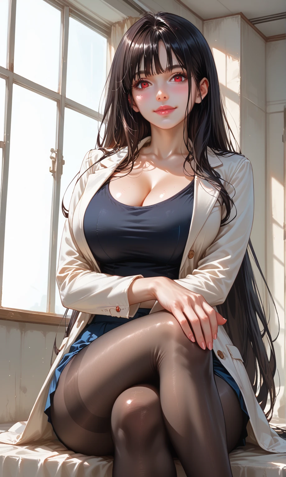 (Highest quality)), ((masterpiece)), (detailed), One Woman,26歳のBeautiful woman,Very sexy,Big Breasts,Woman in a suit,Women are teachers,Natural light,
Beautiful woman,Beautiful Face,Beautiful teeth alignment,Beautiful body lines,Slender body,Beautiful Hands,Beautiful feet,Long hands,Long legs,Long and supple hair,Shiny Hair,Black Hair,Embarrassed expression,blush,Thin lipouth half open,Beautiful shoulders,Beautiful clavicle、Woman sitting,School classroom,Put your hands up,Excited,(((Spread your legs 1.8))),White shirt,Black Skirt,wearing a black blazer,The shirt is half open,(((Cleavage 1.9))),Tight Skirt,短いTight Skirt,