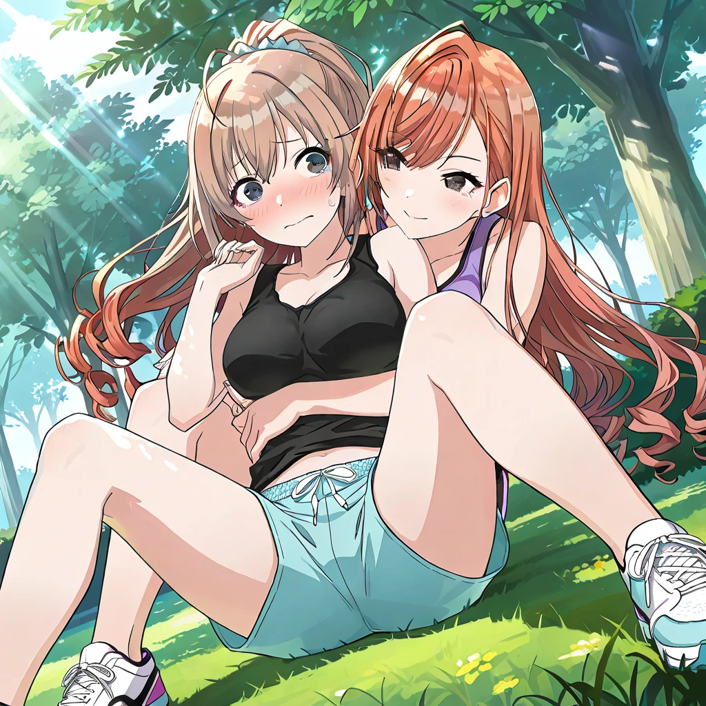 2girls, Camp counselors, anime, sexy, sweaty, tanned skin, brown hair, brown shorts, tight green t-shirt, exposed midriff, ample chest, wide hips, full body view, woods, sunrise, embracing, moaning