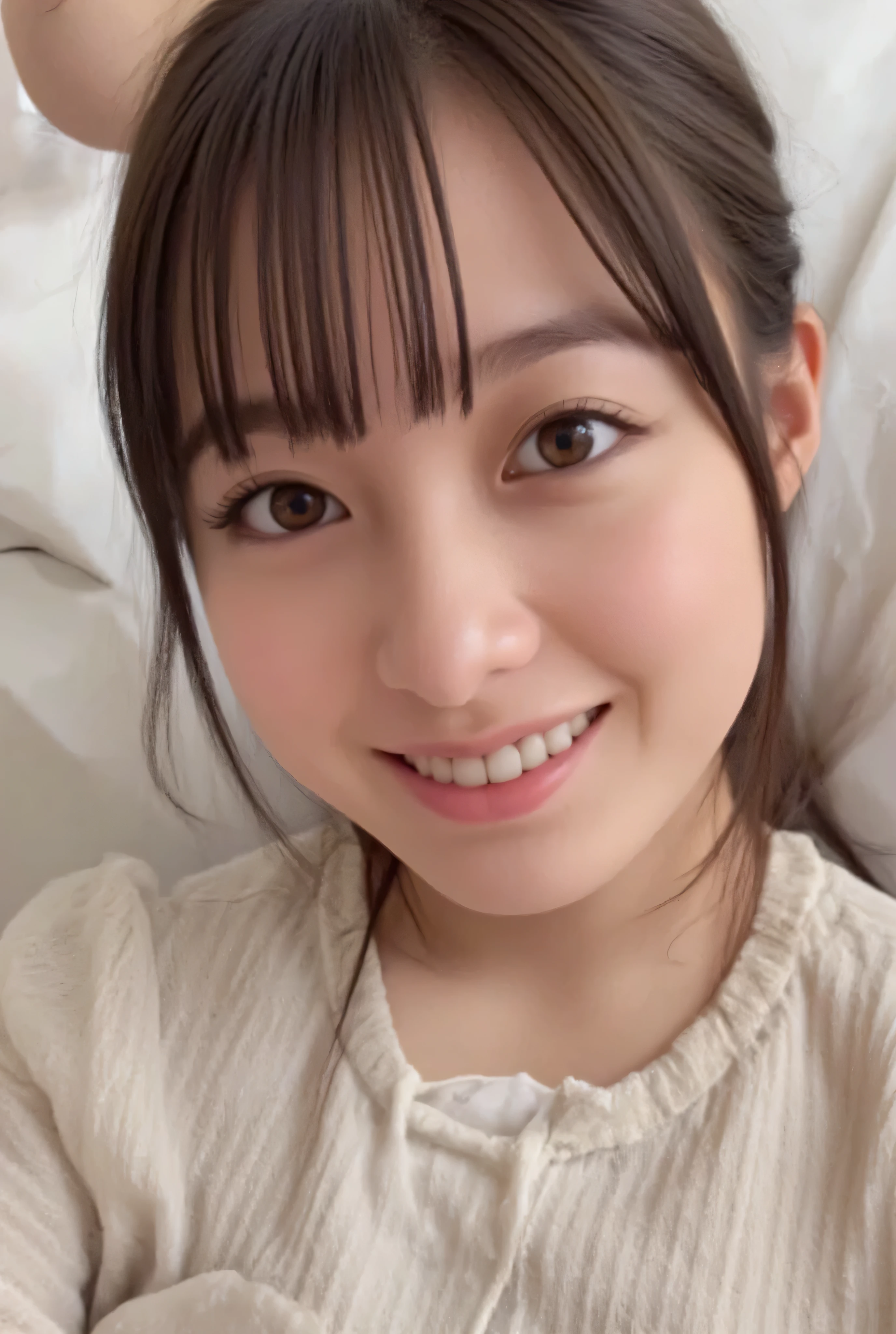 32K, masterpiece, masterpiece, realistic, very well detailed, pictures, high resolution, Japanese men really like their faces., smoother light , Official Art, writing boundary depth, Bright Light, close, Detailed Faces, smile, beautiful eye details, 19 years old Korean, cute, Real Skin Texture, t-shirt, nipples on my classroom desk