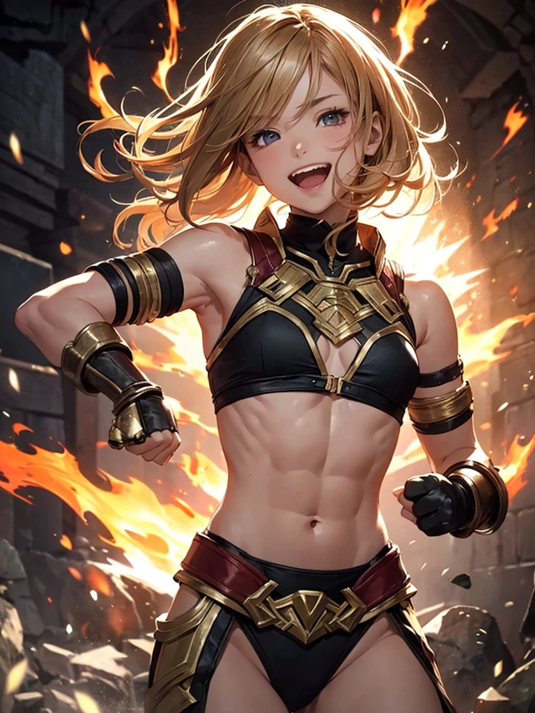 (masterpiece, best quality:1.2), cowboy shot, solo, 1girl, mcblaze, dark skin, dark-skinned female, fit female, abs, seductive grin, looking at viewer, hand on hip, ahoge, underwear, panties, thighhighs, fingerless gloves, cleavage, fire, huge breasts