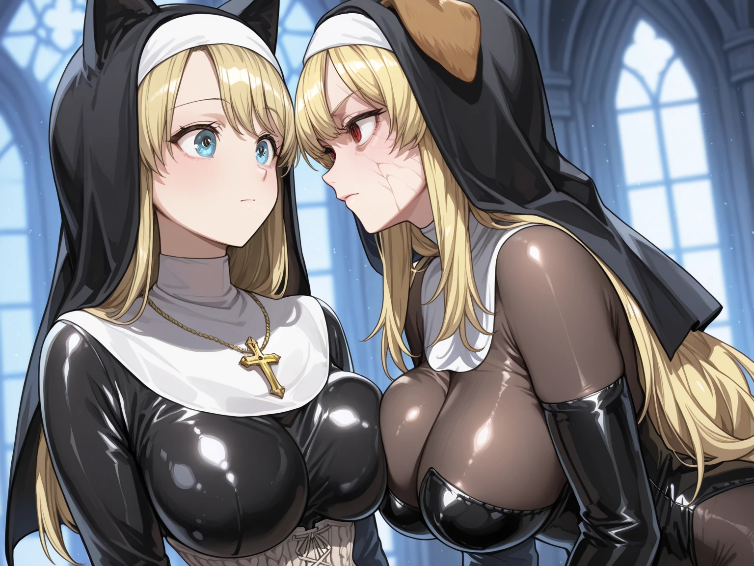 (masterpiece),(best quality),(intricate background),photo realistic,analog style,((intricate detail)),(((realism))), Dynamic shot, dynamic angle, (multiple characters), (((A picture of 2 beautiful succubus dominating sexy nun on a leash))), in nuns crowd, ((2 demon females and a nun)), (nuns, bent, pinned, legs spread, chain tied, chained, chain between legs, ass exposed, scared, obedient, insecure, burning halo, fingering from behind) (2 beautiful female demons around, dominating, standing above, holding halo, power pose), demons, beautiful succubuses, horror, dark, sexy, rough domination, domination, bdsm, golden chains,(golden leash), collar, beautiful bodies, slim, highly detailed faces, horns, horny, scared, stockings, (white silk lingerie underwear, white stockings, white gloves), leather tight boots, blue light, blue tones, highres, sharp focus, closeup