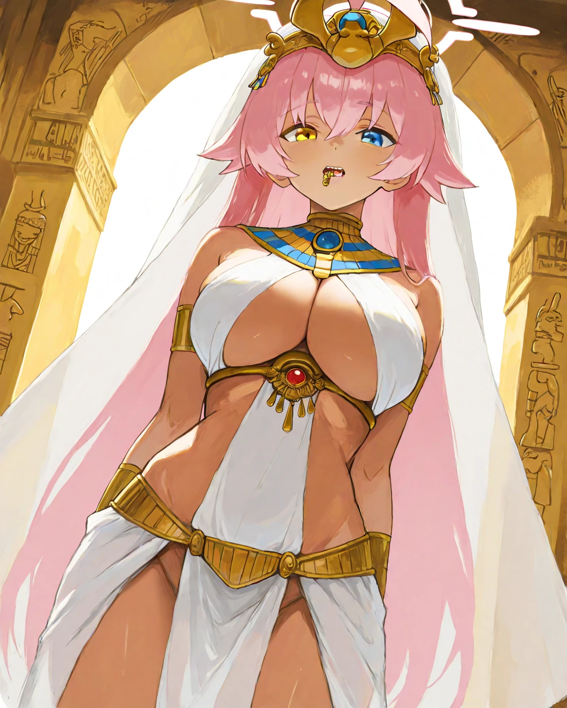 1girl, long hair, pink hair, multicolored hair, yellow eyes, choker, necklace, lipstick, blush, Hot girls, baddie, staring, glaring, bad attitude, mean girl, crazy, smoking, sensual, attractive, masterpiece, best quality, highly detailed ,glint,halterneck,gold_choker, complex detailed background,
inside, stone wall, ancient interior, ancient egyptian room, hieroglyphs, dark lighting, dark
atmosphere, (cowboy shot), holding a sword, sword, belly_chain,harem_outfit,navel, necklace,
pelvic_curtain,revealing_clothes, veil,masterpiece,best quality,1girl,mature,evil smile, smile,
female,mature,necklace,pendant, (nsfw) not safe for work, exposed belly, exposed navel, exposed
midriff, exposed lower belly, navel piercing