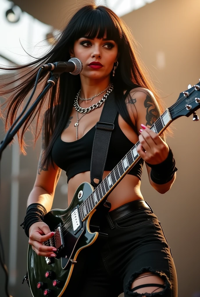 best quality, masterpiece, highres, ((1girl)), Beautiful face, photorealistic, 8k, UHD, long hair, ((beautiful arm tattoos)), muscular, feminine, ((toned abs)), sweat, Asian, female, dark skin, large boobs, (high detailed skin:1.2), 8k uhd, dslr, high quality, candid, Photograph, high resolution, 4k, 8k, looking at the camera, facing the camera, metal singer, lead singer, singing, singing on stage, on stage, standing, action shot, band on stage, big crowd,