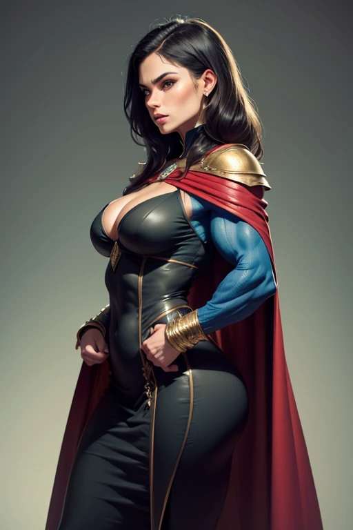 (muscular cute beautiful young boy), huge strong biceps volume, huge firm breasts volume, enormous tits volume, muscular strong legs, exposed abs skin, mountains background, tight superhero leather blue underwear and cape, wavy hair, huge cock bulge