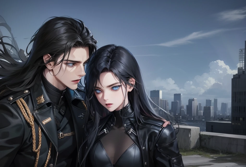 Make a man long wavy black hair with ponytail alone. In addition, your clothes must be black and made of leather.. he should be in a futuristic setting.