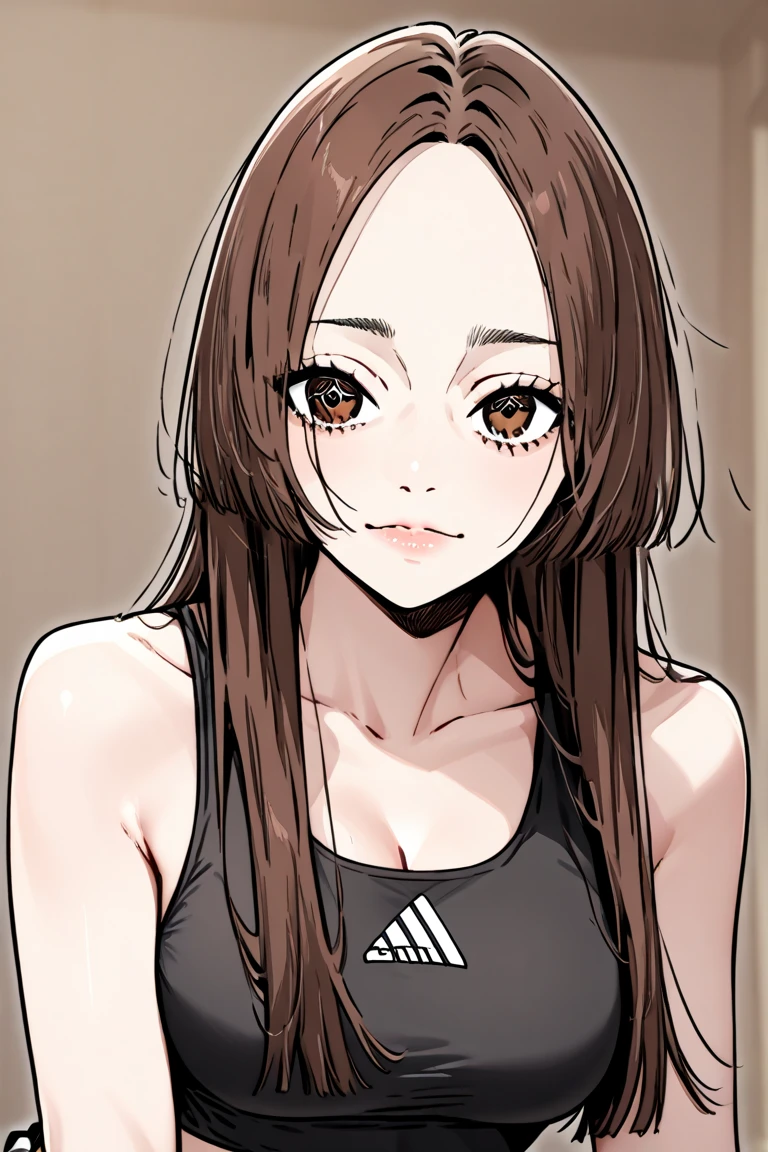 1girl, beautiful detailed eyes, beautiful detailed lips, extremely detailed face and body, long brown hair, brown eyes, happy expression, black tanktop, realistic, photorealistic, photo-realistic:1.37, best quality, 8k, highres, masterpiece:1.2, ultra-detailed, vibrant colors, natural lighting, intricate details, soft focus, cinematic lighting, atmospheric