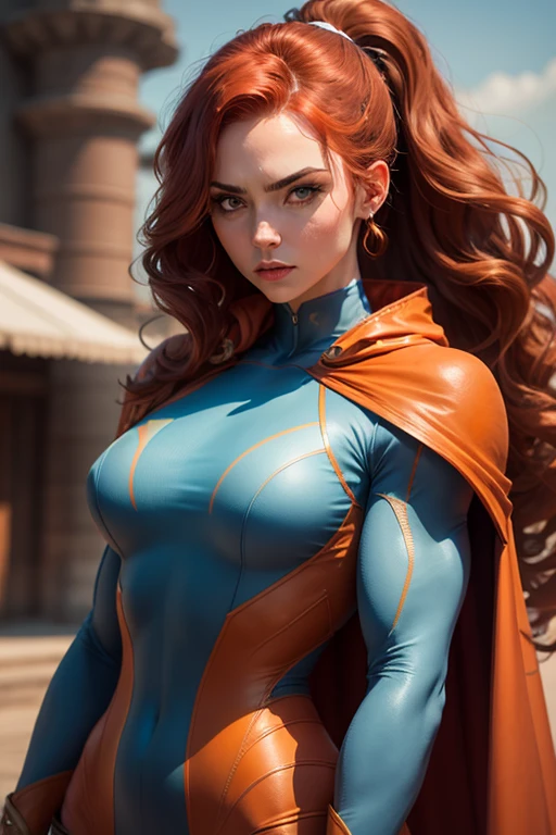 sexy electric based superheroine has redhead, (blue outfit) (wears jeans) full body portrait (she is using lightning powers) photography by artgerm, in the style of realism, glistening skin, , natural lighting, Defined full lips. Muscular fitness feminine body