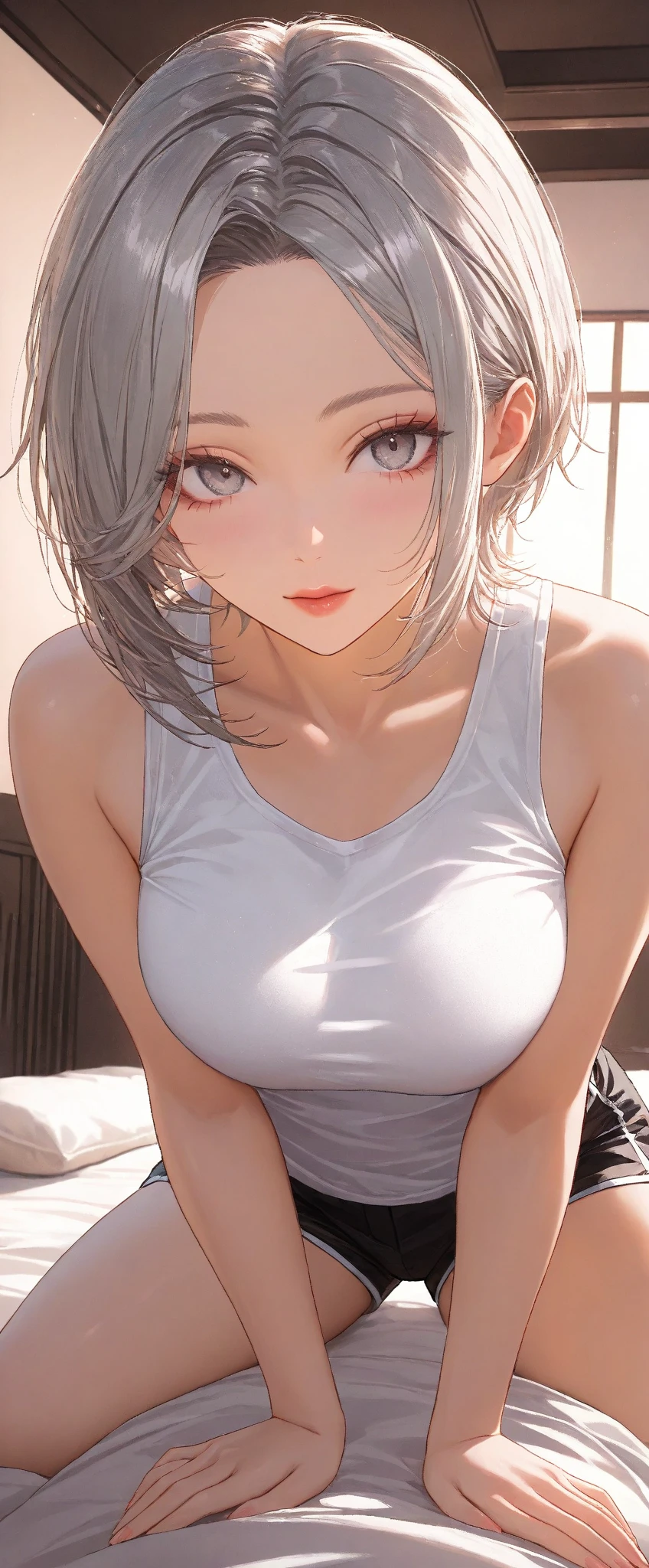 (masterpiece), sHort Hair, grey Hair, Small breasts, Hinomori Shiho, Tomboy, Shiho_H, Green Eyes,
,Embarrassing,Browsing Caution,((Angle of view looking up at tHe girl from below)),blusH,pajamas,((Cleavage)),nsfw