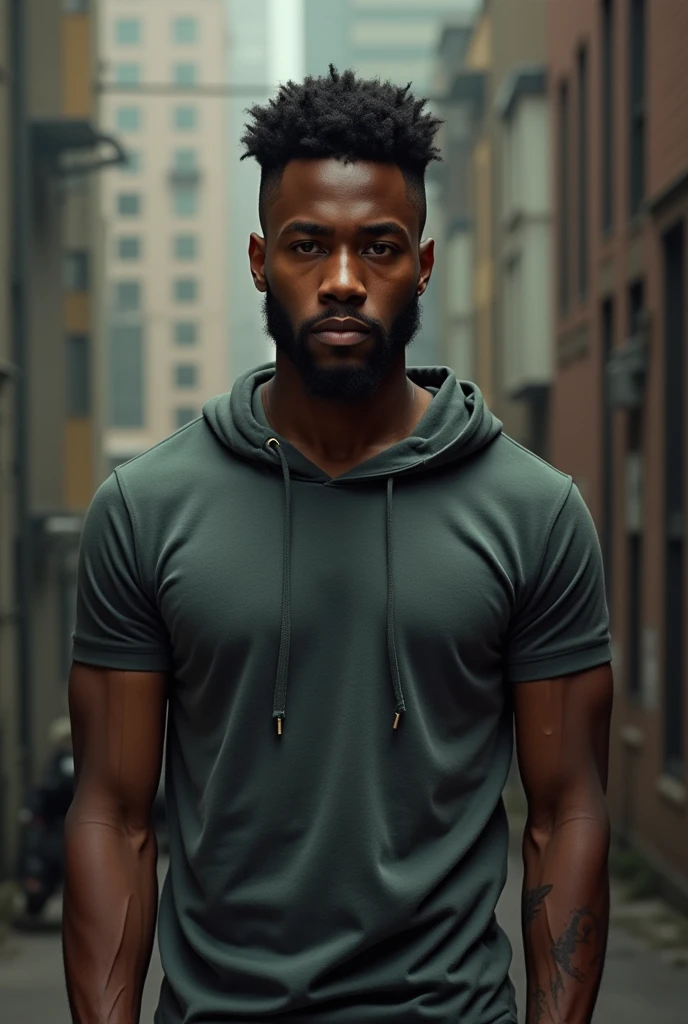 a tall dark skinned guy with a small tattoo on the left side of his face, black clothing, a turtleneck t-shirt, leaning against the rap style, leaning against the wall smoking