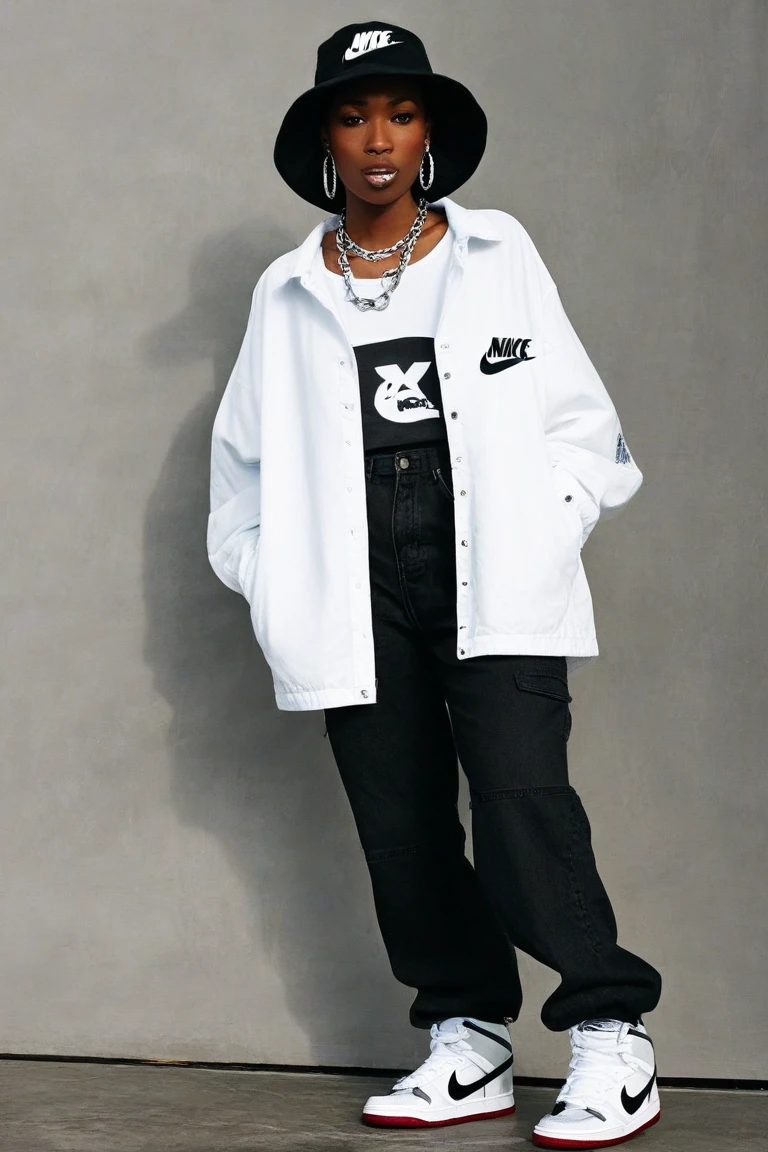 Glazed woman with wide black fabric pants, white sweater and white and gray nike jordan sneakers