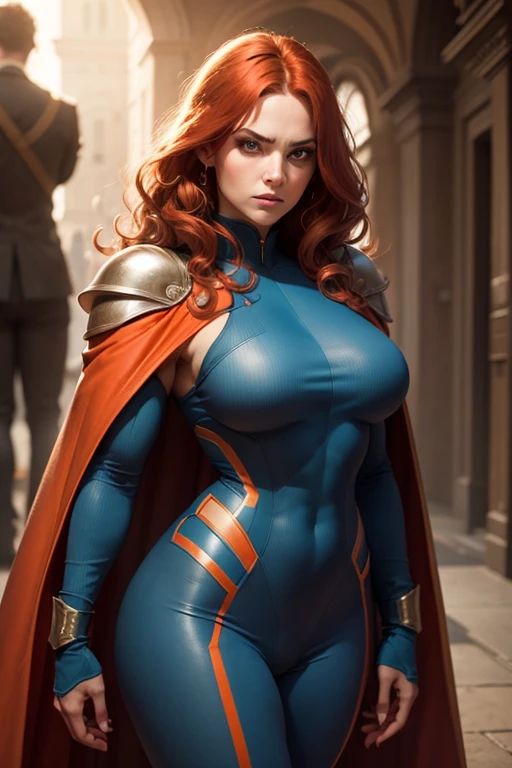 Busty muscular Amouranth, strong huge biceps, strong tonned abs, enormous round tits, huge firm boobs, hypermuscular bodybuilder, Orange hair, blue eyes, war battlefield background, superheroine costume and cape, goddess divine superheroine