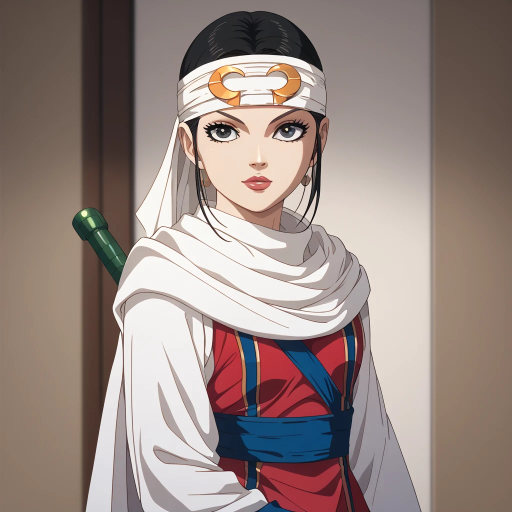 #Anime (masterpiece,best,quality:1.2), 1 girl solo elegant body posture extremely beautiful anime art work score_9, score_8_superior, sPONYXL_DC_Powergirl_ownwaifucore_7_ headband detailed face detailed facial , toon (style) #Character Design w3rewolf (cowboy shot)