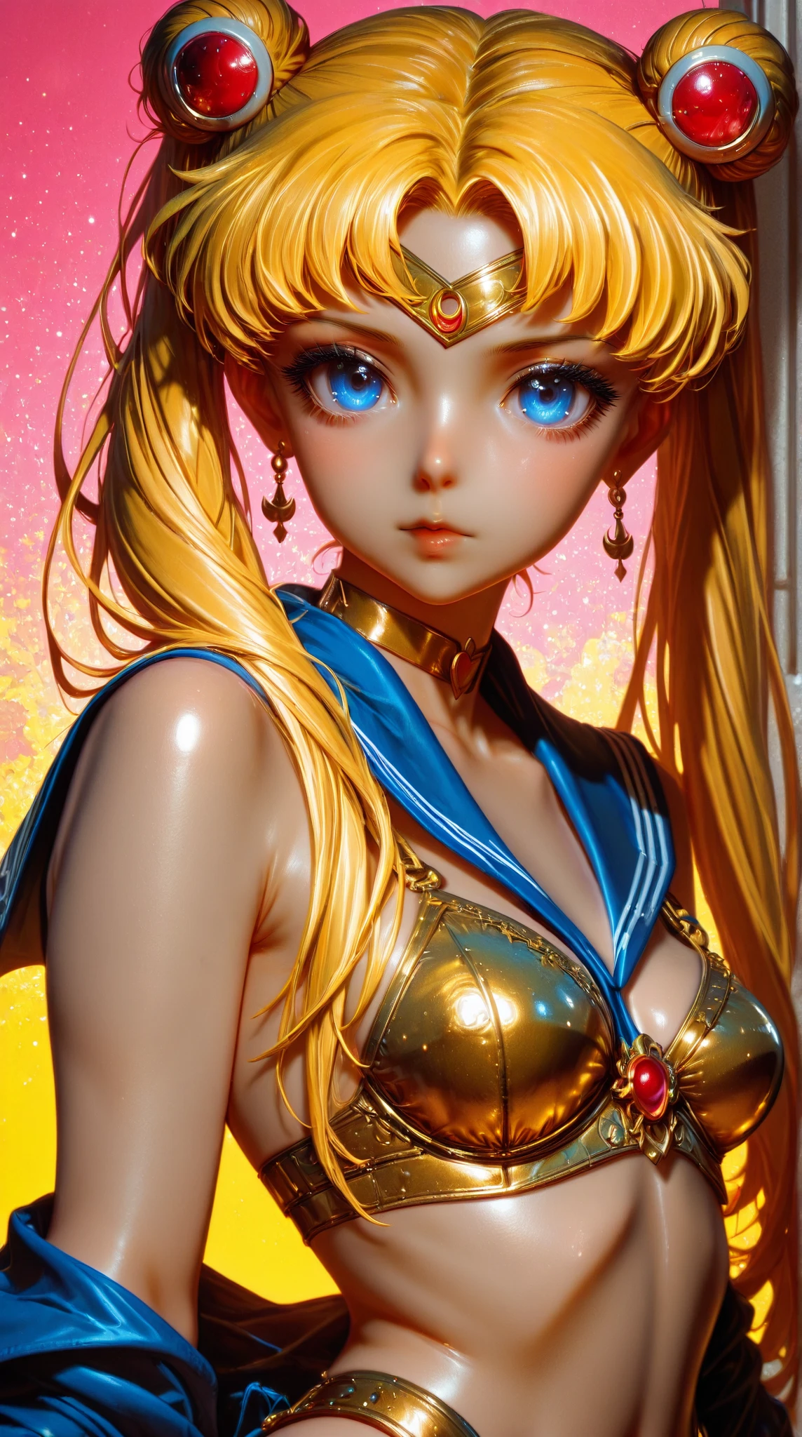 Sailor Moon basks in a cascading aura of mystical enchantment, radiating vibrant waves of magical energy. She gracefully utters the incantation, channeling the Armor of Love, whose bewitching design reveals a hint of audacious sensuality while remaining tastefully suitable for work. As the transformative energy envelops her, Sailor Moon's face flushes with comical embarrassment at the sight of her scantily-clad attire. To preserve her modesty, she tries to adjust the revealing outfit without compromising its enchanting allure. The Armor of Love accentuates her feminine grace, enhancing her ethereal beauty as soft silhouettes of delicate lace and shimmering ribbons adorn her slender figure. Her eyes sparkle with a mix of determination and vulnerability, reflecting the duality of her courageous spirit. The scene is bathed in a soft glow, casting a warm and romantic ambiance that enhances the charm and elegance of Sailor Moon's transformation. The colors, vibrant yet soothing, blend harmoniously, evoking a sense of whimsy and wonder. The scene is illuminated by a gentle, natural lighting that accentuates the delicate features of Sailor Moon's face as well as the intricate details of her outfit. The background showcases a dreamy landscape of sparkling stardust and celestial elements, resonating with the magical universe she embraces. This masterpiece resonates with best quality, allowing viewers to immerse themselves in the exquisite artistry, ultra-detailed craftsmanship, and vivid colors that bring Sailor Moon's transformation to life.
