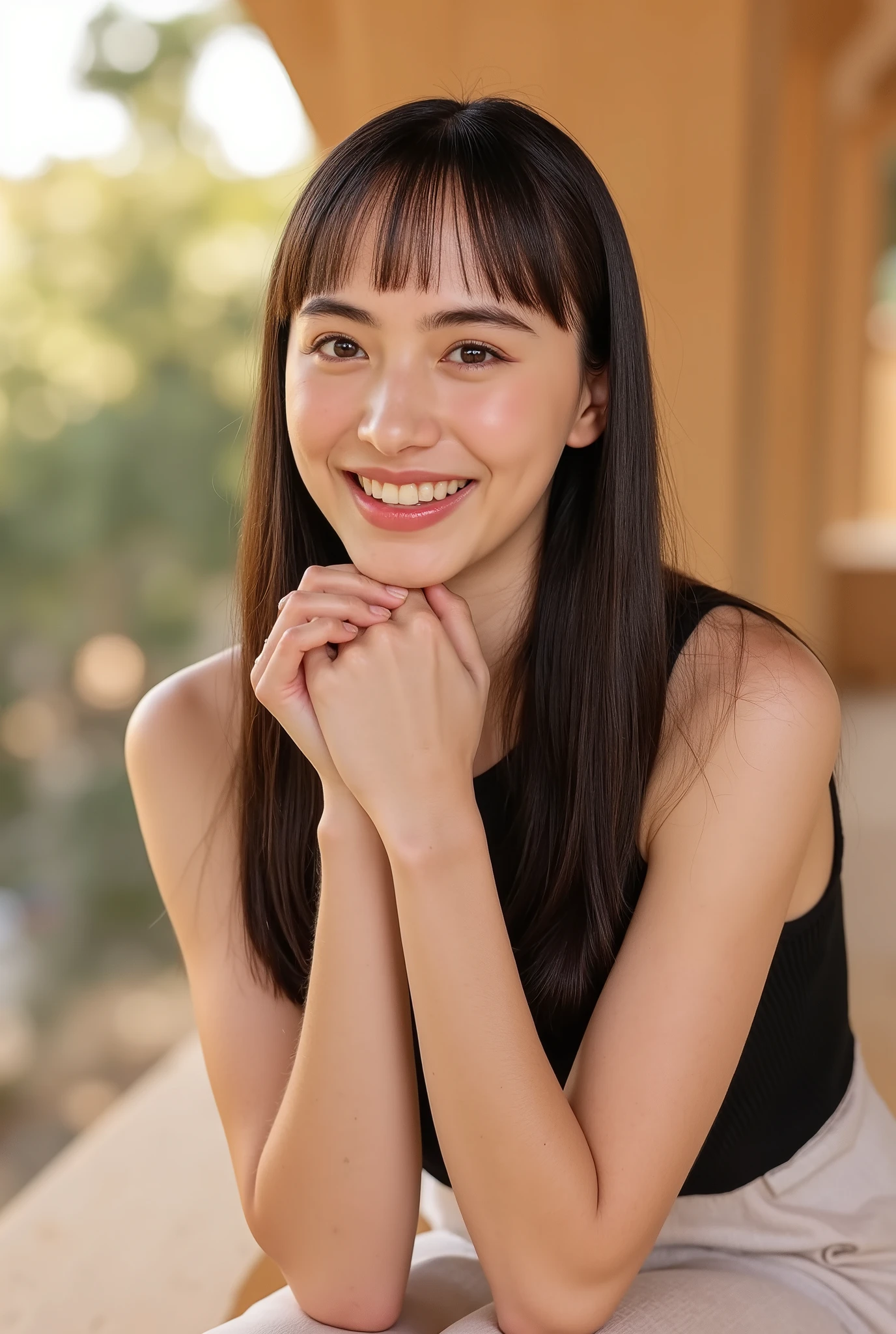 Woman Posing for Photos, laughs, happy, long hair, straight hair , VERY DEFINED SKIN, orbital space, Hot summer day, Natural lighting, detailed face:1.2, sharp concentration, Hasselblad pictures, masterpiece, light makeup, cinematic lighting for legs bent at the knee, 4K, Best Quality