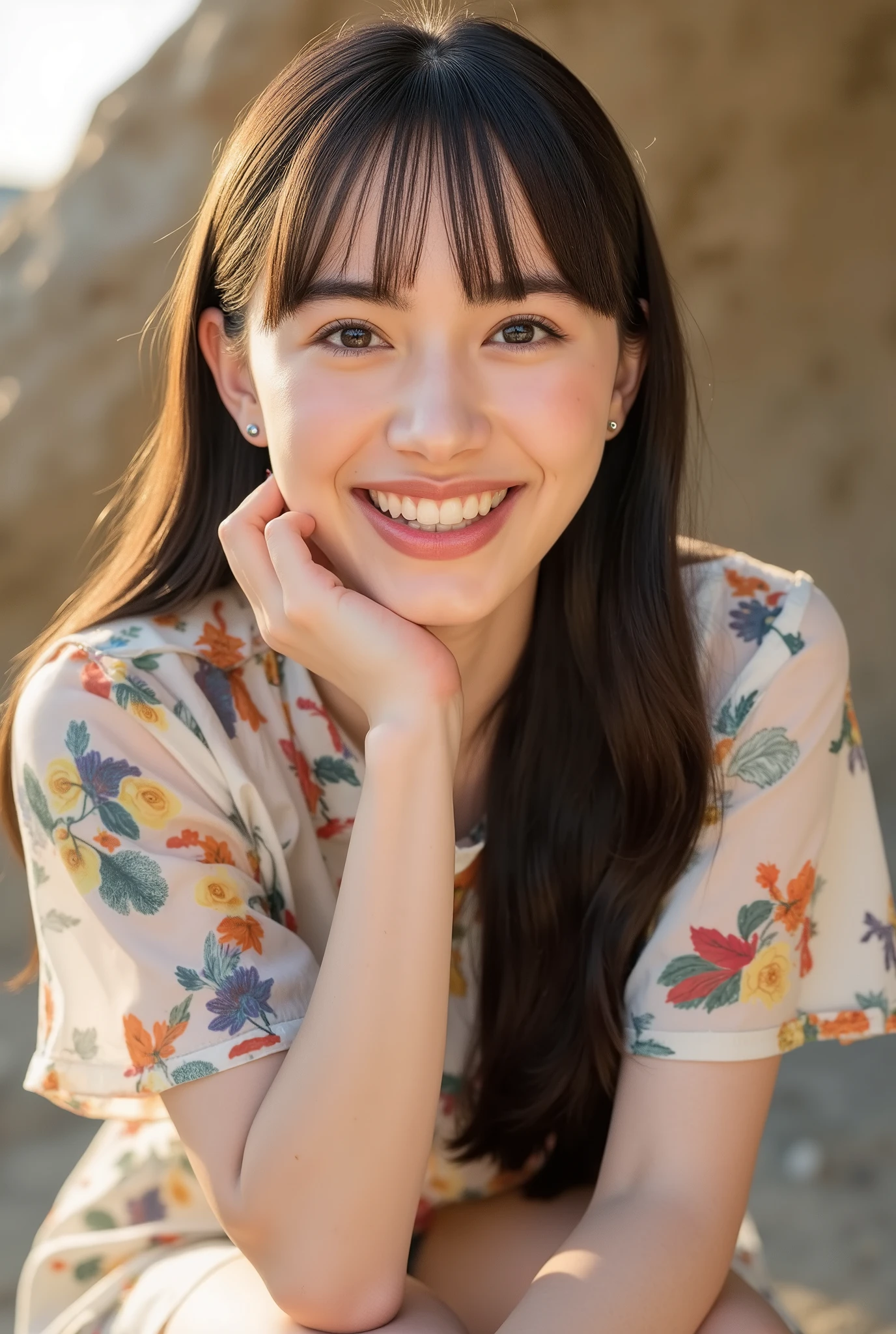 Woman Posing for Photos, laughs, happy, long hair, straight hair , VERY DEFINED SKIN, orbital space, Hot summer day, Natural lighting, detailed face:1.2, sharp concentration, Hasselblad pictures, masterpiece, light makeup, cinematic lighting for legs bent at the knee, 4K, Best Quality